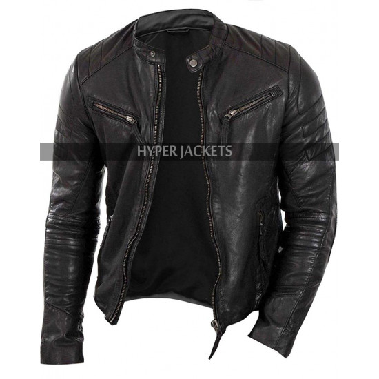 Men's Quilted-Shoulders Cafe Racer Black Biker Leather Jacket