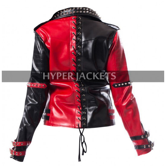Harley Quinn Heartless Asylum Studded Red And Black Biker Leather Jacket
