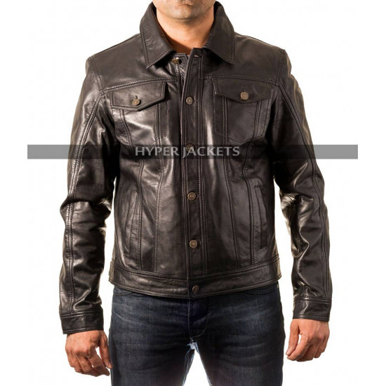 Cafe Racer Trucker Motorbike Black Leather Jacket