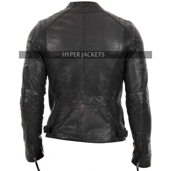 Men's Quilted-Shoulders Cafe Racer Black Biker Leather Jacket