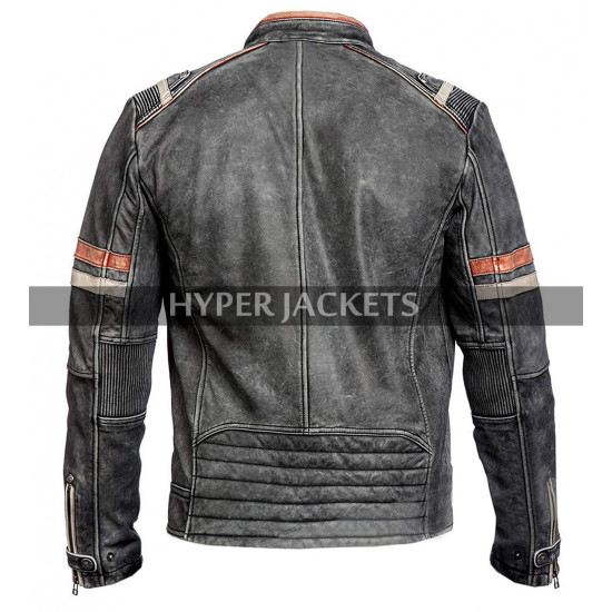 Mens Cafe Racer Retro 2 Biker Distressed Black Vintage Motorcycle Leather Jacket