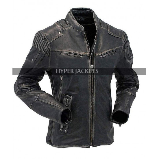 Mens Motorcycle Vintage Cafe Racer Biker Distressed Black Leather Jacket