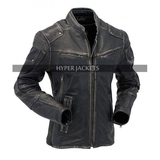 Mens Motorcycle Vintage Cafe Racer Biker Distressed Black Leather Jacket