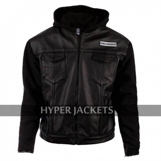 Sons Of Anarchy SOA Highway Zip Up Hooded Black Biker Leather + Wool Jacket