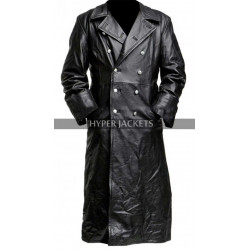 German Classic WW2 Military Officer Black Leather Trench Coat