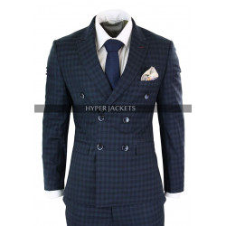 Vintage 1920s Mens Checkered Style 2 Piece Double Breasted Blue Suit