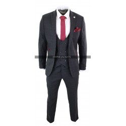 1920s Mens Vintage Checkered Style 3 Piece Double Breasted Grey Suit