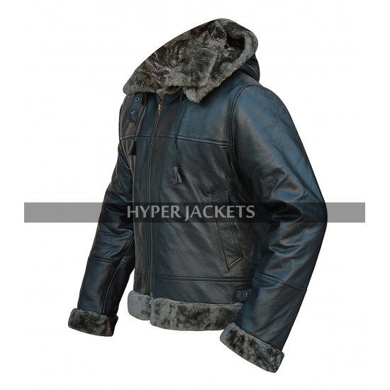 B3 Hooded Aviator Pilot Black Fur Shearling Bomber Leather Jacket