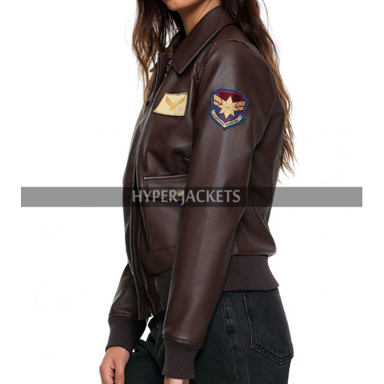 Brie Larson Captain Marvel Costume Aviator Leather Jacket