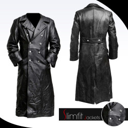 Men German Classic Offier Black Leather Trench Coat