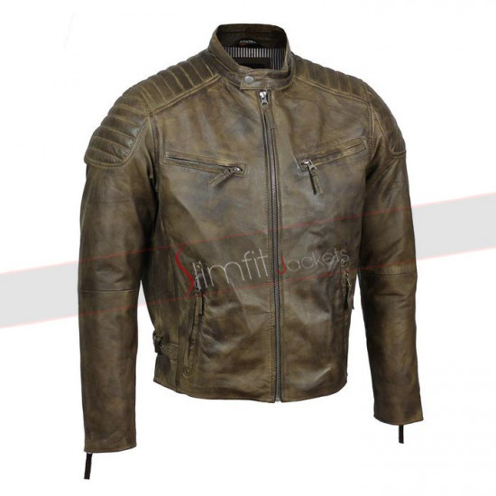 Mens Real Soft Leather Slim Fit Antique Washed Brown Urban Retro Biker Jacket
