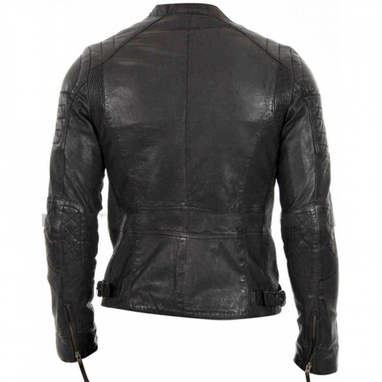 Men Slim Fit Vintage Cafe Racer Quilted Black Biker Leather Jacket