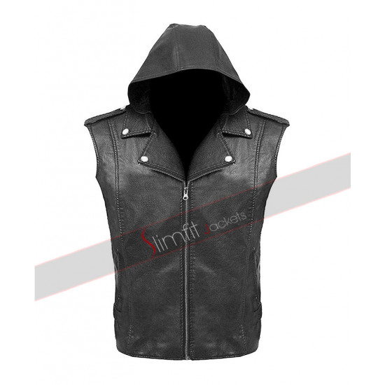 Black DX Logo Leather Zipper Hoodie Vest