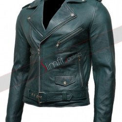 Green Vintage Men's Belted Motorcycle Leather Jacket
