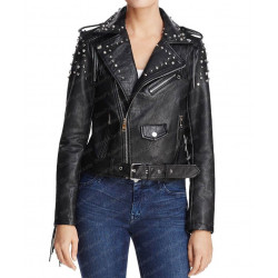 Women's Studded And Fringe Motorcycle Black Leather Jacket