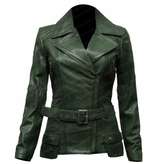 Womens Green Classic Biker Style Leather Jacket