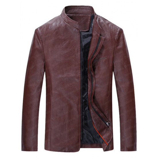 Men's Mandarin Collar Simple Biker Leather Jacket