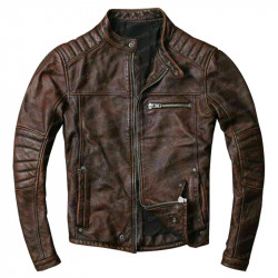 Men’s Biker Vintage Cafe Racer Distressed Brown Leather Jacket