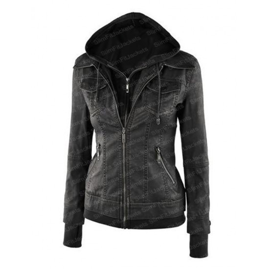 Women Leather Jacket With Removable Hoodie